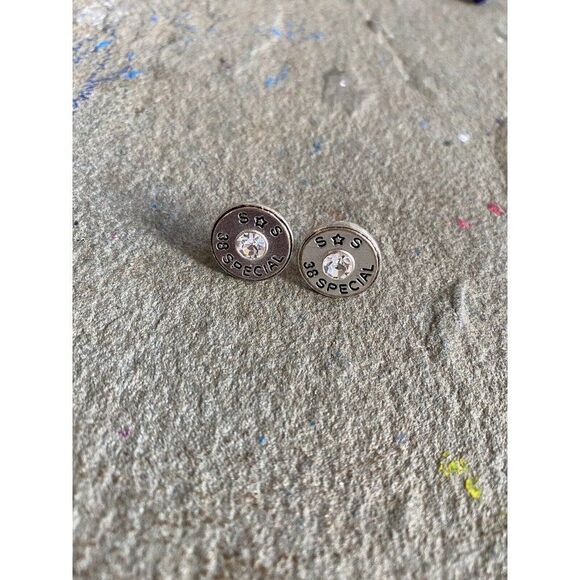 38 Special Earrings Shell Casing S Star S Stud Rhinestone Studs NG - Picture 2 of 9